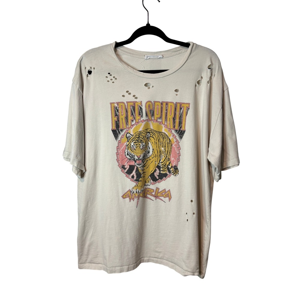 Eighty Eight Free Spirit Tiger Distressed Rocker Tee 2XL Cream Cotton USA